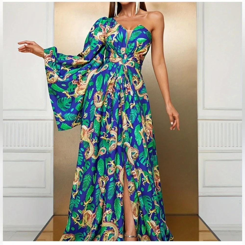 New Giffniseti Dragon Shoulder Bridesmaid Maxi Dress Gown Kimono Blue Orange - Picture 5 of 15